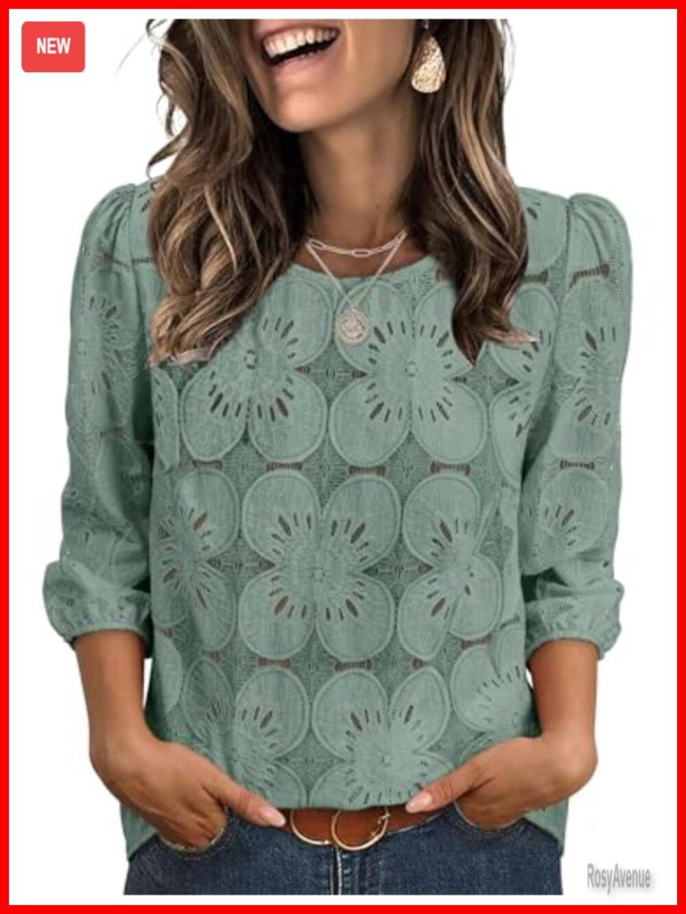 Women's Lace Eyelet 3/4 Sleeve Blouse Dressy Casual Top
